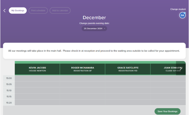 Screenshot of the parents' evening booking screen, displaying the 'Save Your Bookings' button in the bottom-right corner.